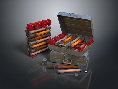 Open Toolbox With Stacked Storage Cases And Various Tools Including Hammers And Nails 3d model