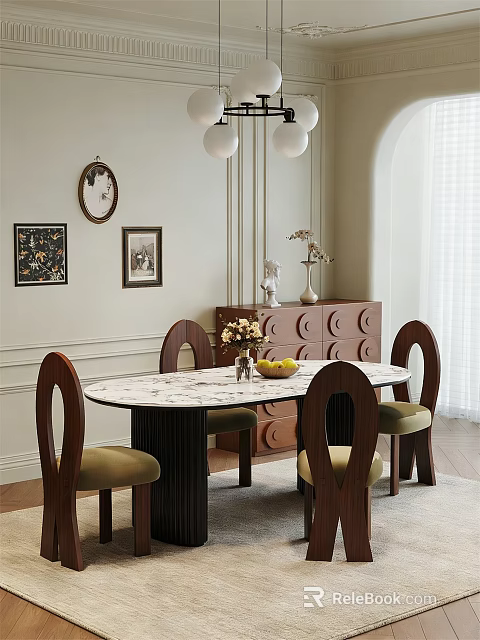 Round Marble Dining Table Set With Curved Back Chairs Wooden Legs Green Cushions Decorative Cabinets And Wall Art 3d model 