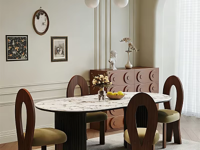 Round Marble Dining Table Set With Curved Back Chairs Wooden Legs Green Cushions Decorative Cabinets And Wall Art 3d model