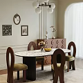Round Marble Dining Table Set With Curved Back Chairs Wooden Legs Green Cushions Decorative Cabinets And Wall Art