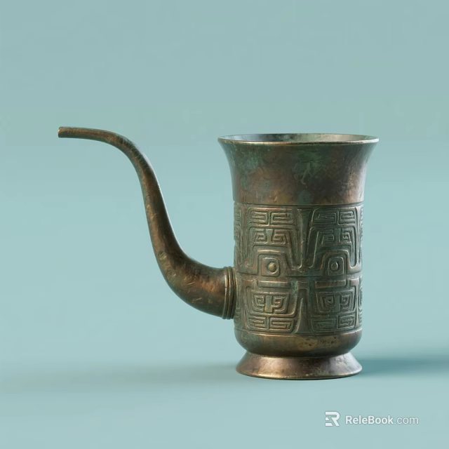 Traditional Ceramic Vessel With Long Curved Spout And Intricate Meander Patterns On Light Blue Background 3d model 