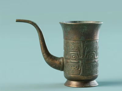 Traditional Ceramic Vessel With Long Curved Spout And Intricate Meander Patterns On Light Blue Background 3d model