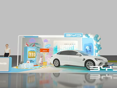 Interactive Zone Featuring White Car Display Booth Balloons Decorations and Visitor Interaction 3d model