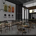 Modern Stylish Restaurant Interior With Wooden Dining Chairs Tables Hanging Lights And Wall Posters