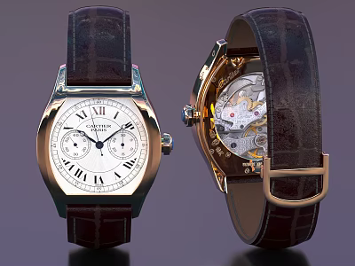 Luxury Watch with Roman Numeral Dial Exposed Mechanical Movement Brown Crocodile Leather Strap Gold Case 3d model