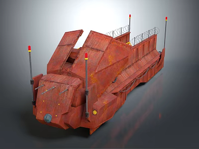 Rusty Industrial Mechanical Structure with Angled Panels Red Lights and Top Railings 3d model