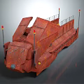 Rusty Industrial Mechanical Structure with Angled Panels Red Lights and Top Railings