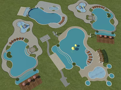 Waterfront Landscape Design With Multiple Water Areas Walkways Seating Areas And Green Lawns 3d model