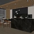 Modern Kitchen Interior With Wooden Ceiling Marble Island Wine Rack Cabinets And Chairs