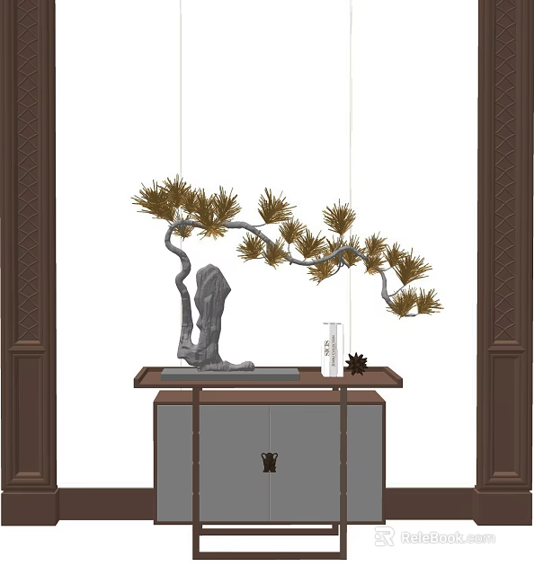 Traditional Chinese Console Table With Decorative Pine Tree Stone And Vase 3d model