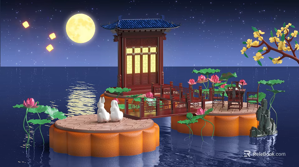 Cartoon Scene With Full Moon Chinese Pavilion Water Surface Lotus Flowers And White Rabbits 3d model 