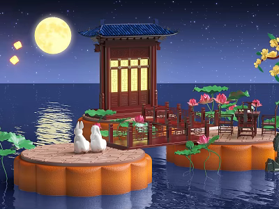 Cartoon Scene With Full Moon Chinese Pavilion Water Surface Lotus Flowers And White Rabbits 3d model