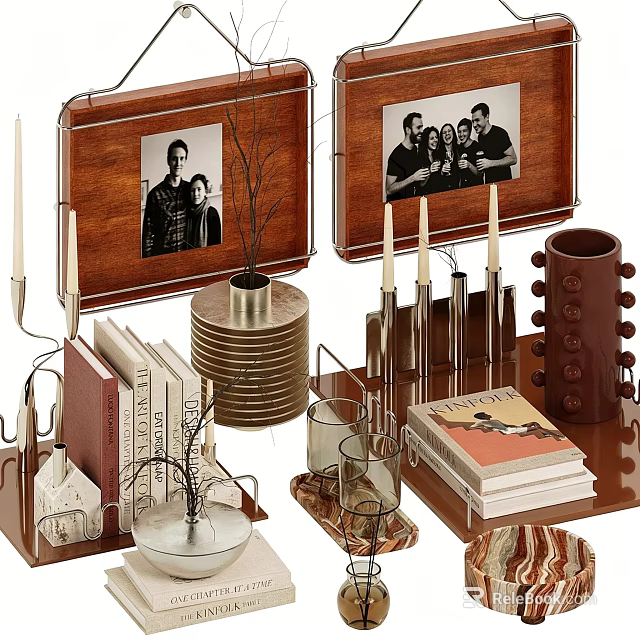 Stylish Home Decor Ornament Set With Framed Photos Candle Holders Books And Vase 3d model 
