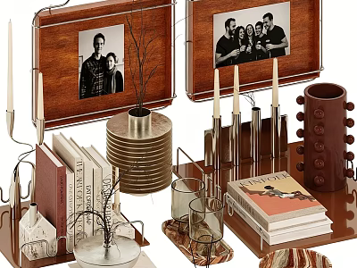 Stylish Home Decor Ornament Set With Framed Photos Candle Holders Books And Vase 3d model