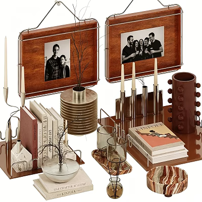 Stylish Home Decor Ornament Set With Framed Photos Candle Holders Books And Vase 3d model