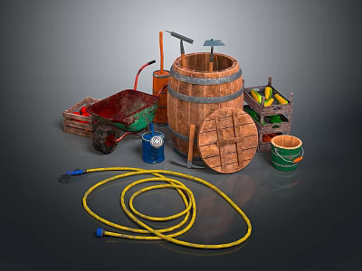 Industrial Equipment Set Including Wooden Barrel Wheelbarrow Tools Hose Gas Cylinder And Fruit Basket 3d model
