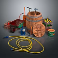 Industrial Equipment Set Including Wooden Barrel Wheelbarrow Tools Hose Gas Cylinder And Fruit Basket