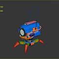 Computer Controlled Robotic Device With Blue Orange Design Dual Antennas Camera Lens And Mechanical Legs