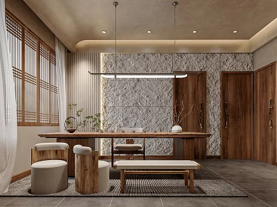 Traditional Tea Room Interior With Wooden Table Chairs Tea Sets And Hanging Lights 3d model