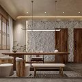 Traditional Tea Room Interior With Wooden Table Chairs Tea Sets And Hanging Lights