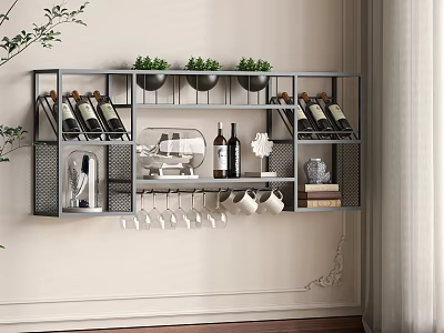 Modern Metal Wall Mounted Wine Rack With Wine Bottles Wine Glasses Green Plants Decorations 3d model