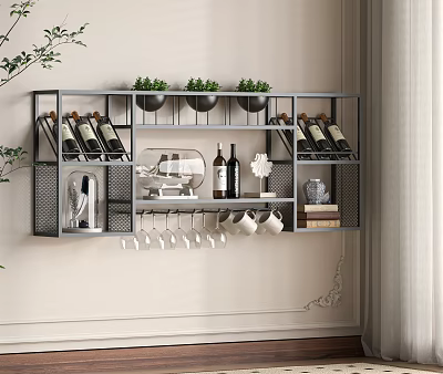 Modern Metal Wall Mounted Wine Rack With Wine Bottles Wine Glasses Green Plants Decorations 3d model