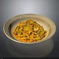 Tasty Yellow Noodles With Vegetables And Meat In Light Bowl On Dark Background