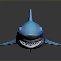 Cartoon Blue Shark Character 3D Model With Sharp Teeth Shiny Surface On Dark Reflective Background 3d model