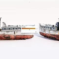 Old Wooden Boats With White And Red Hulls Railings And Small Cabins On White Background