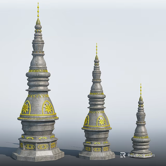 Three Stone Pagodas with Golden Decorations Ornate Patterns and Spires 3d model