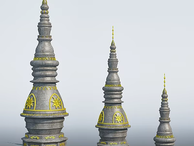 Three Stone Pagodas with Golden Decorations Ornate Patterns and Spires 3d model