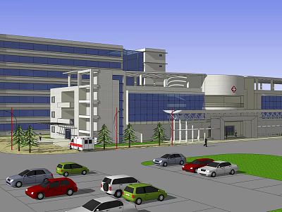 Modern Hospital Building Exterior With Parking Lot Ambulance Cars And Trees 3d model