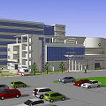 Modern Hospital Building Exterior With Parking Lot Ambulance Cars And Trees