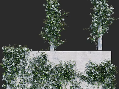 Bush With Green Leaves And White Flowers Decorating Concrete Wall Surface 3d model