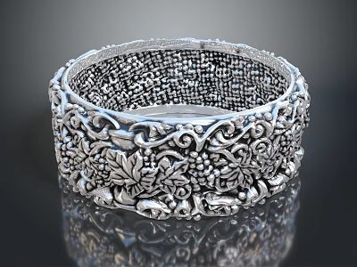 Elegant Ornate Silver Bracelet With Detailed Intricate Grape Leaf Vine Carvings 3d model