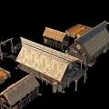 Traditional Wooden Houses With Thatched Roofs Surrounding Storage Bins And Small Outbuildings