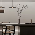 Modern Minimalist Restaurant Interior With Long Dining Table Chairs Pendant Lights And Plant Decor