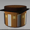 Circular Building Structure With Orange Walls White Lattice Windows Red Roof And Black Edges