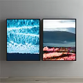 Two Framed Wall Artworks Featuring Ocean Waves Rocks Mountain Clouds And Floral Patterns