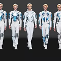 Group of Men in White and Blue Futuristic Outfits Walking on Black Runway