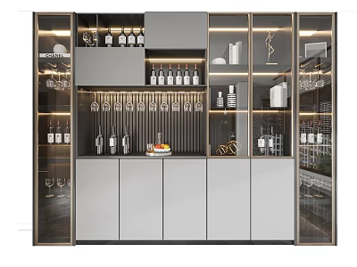 Modern Wine Cabinet With Glass Doors Lighting Wine Bottles And Decorations 3d model