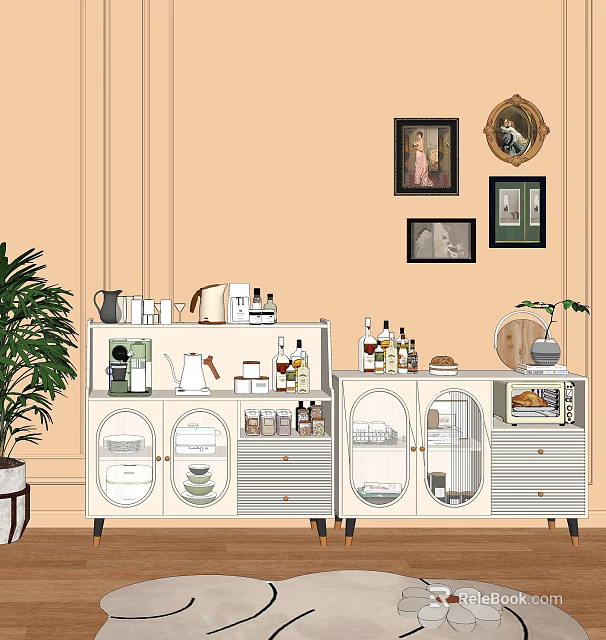 White Sideboard With Glass Doors Storing Dinnerware Bottles Cups Near Green Plant And Decorative Paintings 3d model 