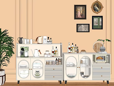 White Sideboard With Glass Doors Storing Dinnerware Bottles Cups Near Green Plant And Decorative Paintings 3d model