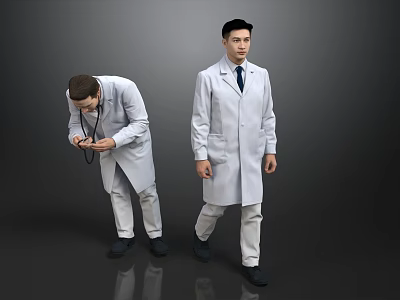 Two Doctors In White Coats With Stethoscope Walking In Indoor Setting 3d model