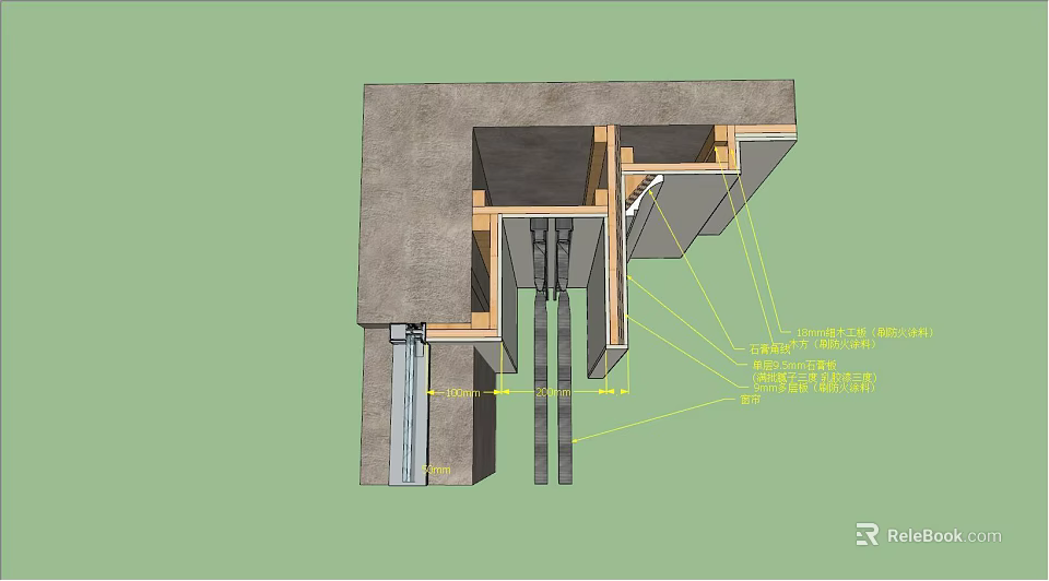 Sectional View of Building Component with Concrete Wall Metal Brackets and Pipes 3d model 