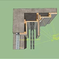 Sectional View of Building Component with Concrete Wall Metal Brackets and Pipes
