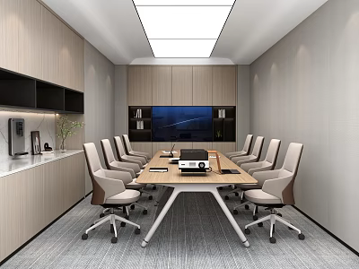 Modern Conference Room Interior Design With Long Table Wheeled Chairs Wall Mounted TV And Wooden Cabinets 3d model