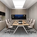 Modern Conference Room Interior Design With Long Table Wheeled Chairs Wall Mounted TV And Wooden Cabinets