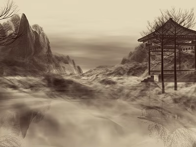 Traditional Chinese Landscape Painting with Misty Mountains Calm Water Pavilion and Bare Trees 3d model