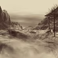 Traditional Chinese Landscape Painting with Misty Mountains Calm Water Pavilion and Bare Trees